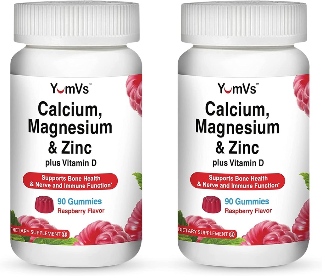 YUM-V'S Calcio, Magnesio, Zinc y Vitamina D Gummies (90 Cuenta) - Calcio Gummies con Vitamina D3 + Zinc &amp; Suplementos Magnesio - Delicious Bone Health Gummy Suplemento para Hombres, Mujeres y Niños