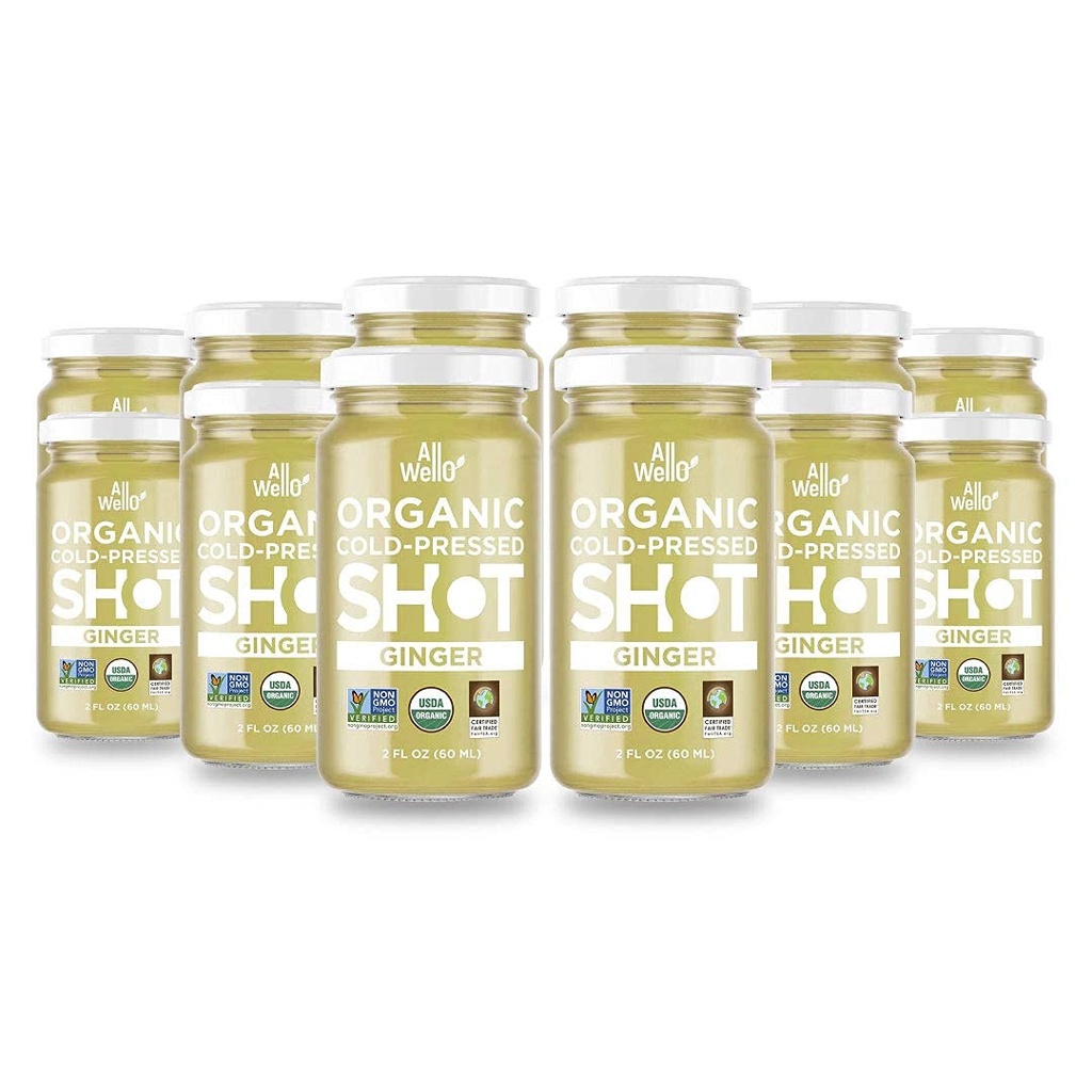 ALLWELLO Cold-Presed Ginger Shot, 60 mL, USDA Organic Immune Booster with Natu-RAL TEN 12 Unidades por caso (12 Pack)