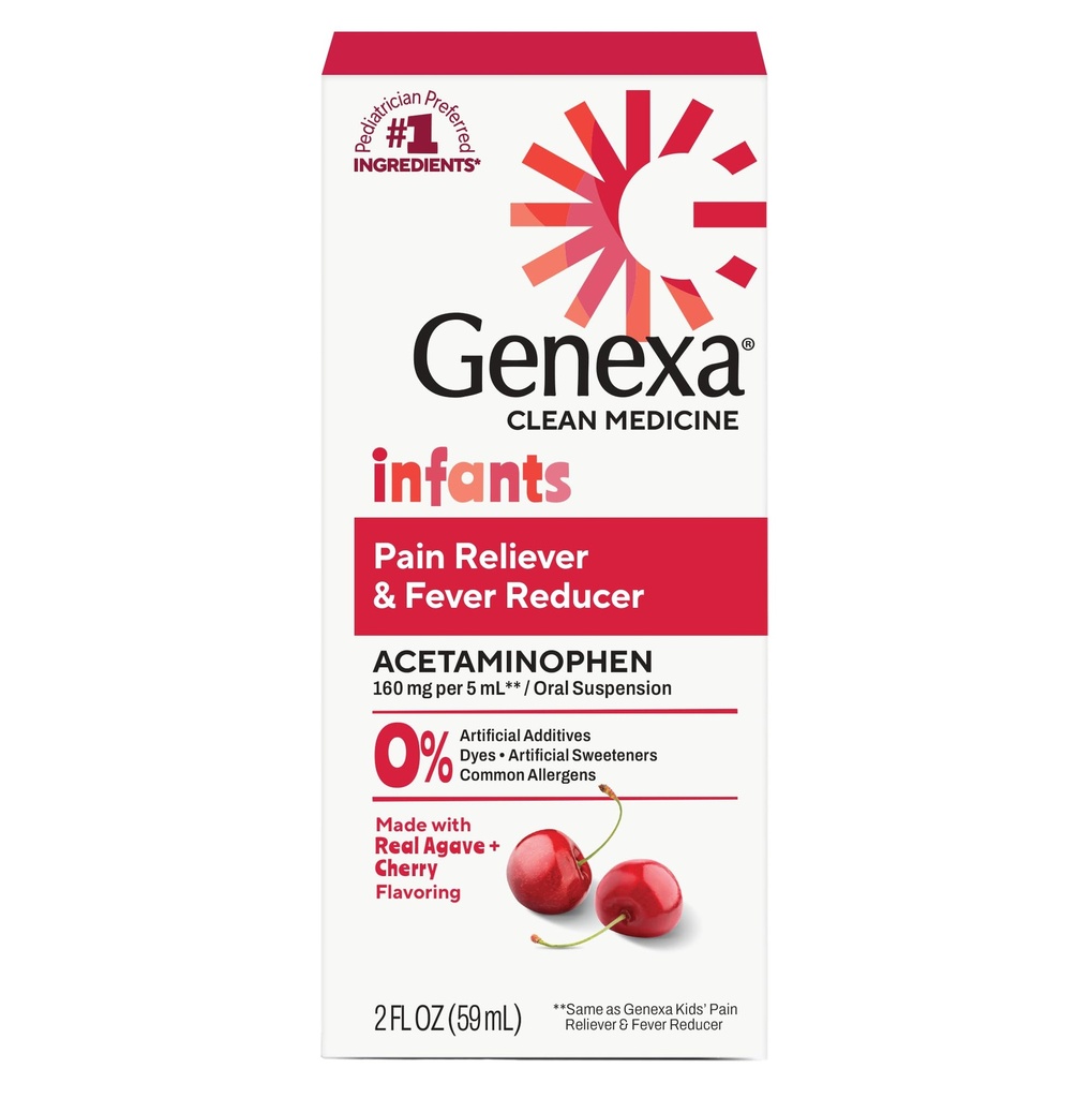 Genexa Infants' Clean Acetaminophen ← Pediatrician Preferred Ingredients ¦ Doin Reliever " Fever Reducer for Babies Todd Dye Free, 0% Artificial Additives ¦ Delicious Organic Cherry Flavor, 2 fl oz