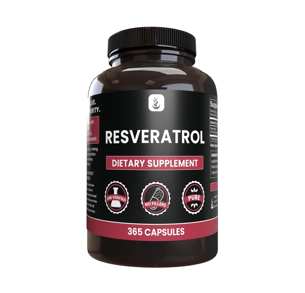 PURE ORIGINAL INGREDIENTES Resveratrol, (365 capsules) No hay magnesio o rifles de arroz, siempre puro, Lab Verified