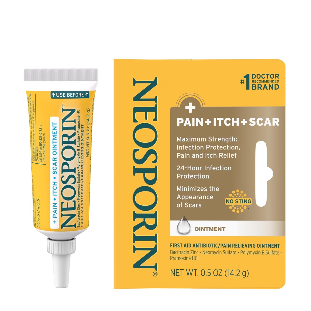 Neosporin Antibiotic Pain-Relieving, Anti-Itch, " Scar Appearance Minimizer Ointment with Neomycin " Bacitracin Zinc, 24-Hour Infection Protection for Minor Cuts, Scrapes & Burns,.5 oz