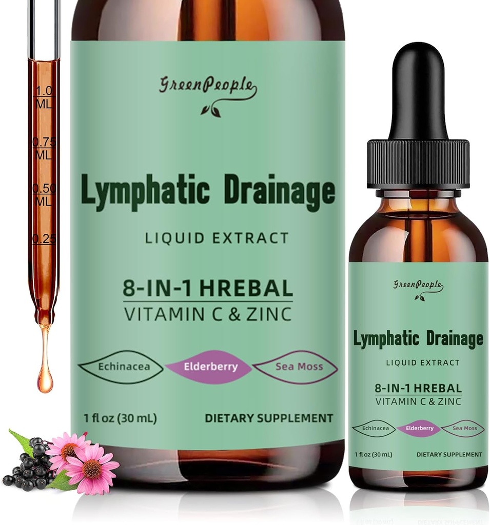 GREENPEOPLE gotas de drenaje linfático - 10-in-1 Limphatic Cleanse Suplemento w/Echinacea, Cleavers & Burdock Root - Immune Support, Cleanse & Detox - Advanced Aborption, Non-GMO (1 fl oz, 2 Pack)