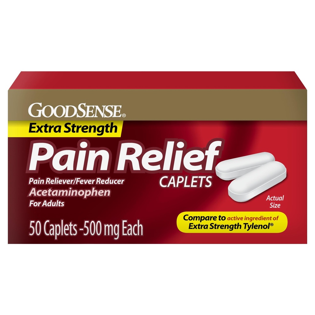 GoodSense Extra Strength Pain Relief, Acetaminophen Caplets, 500 mg, 50 Conteo