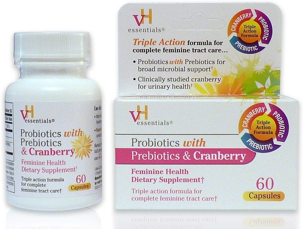 VH Essentials Probióticos con Prebióticos y Suplemento de Salud Femenina de Arándano - 60 cápsulas 1-Pack