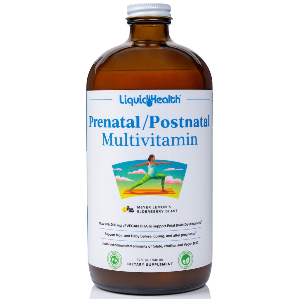 LIQUIDHEALTH Prenatal/Postnatal Multiple Liquid Women's Multivitamin with Real Folate - Pre &amp; Postnatal Vitamins for Before, During, After Pregnancy - Made in USA, Vegan, Sugar-Free, Non-GMO (32 oz)