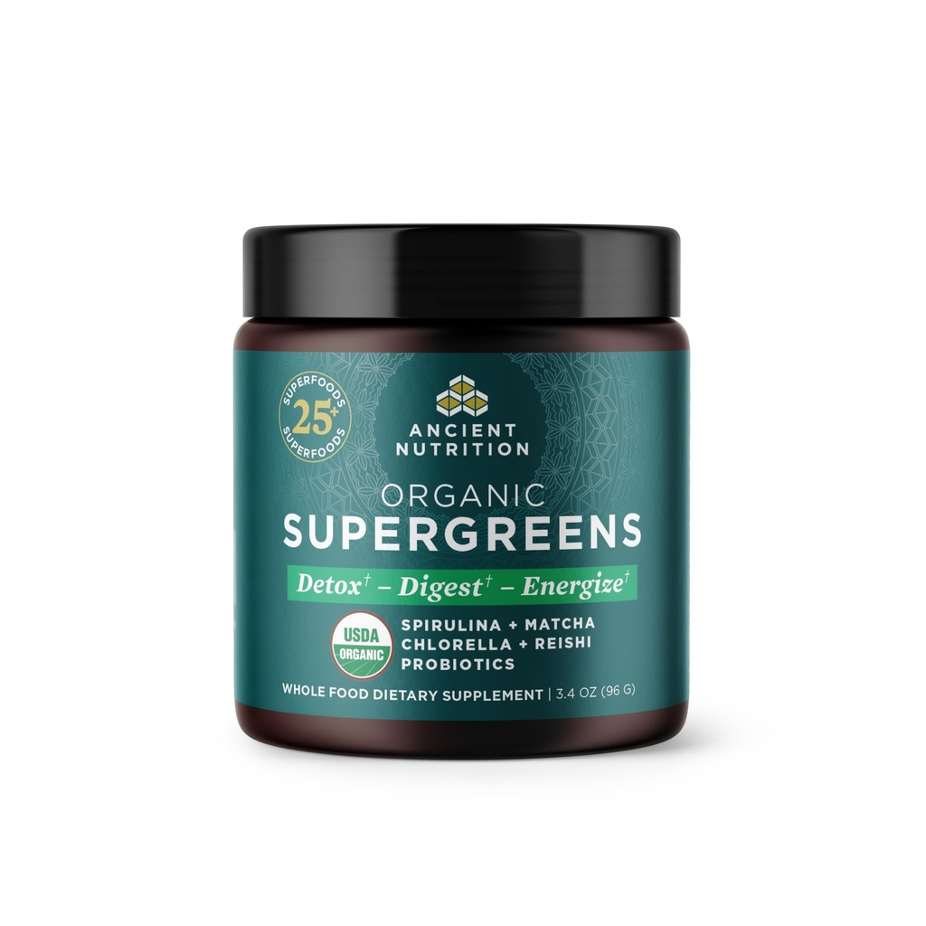 Nutrición antigua Polvo orgánico SuperGreens con Probióticos, Verdes Ecológicos Sabor Verdes, Hecho de Frutas Reales, Verduras y Herbs, Apoyo Digestivo y Energético, 12 Servimientos, 3.4oz