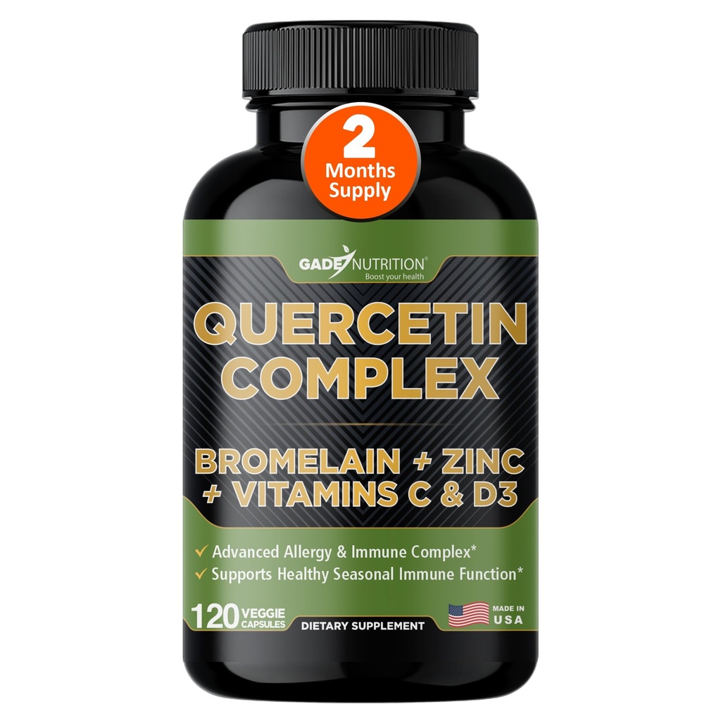 Nutrición Gade Quercetina Orgánica con Bromelaina Vitamina C y Zinc ← Immune Support Suplemento Quercetin 500mg Capsules ANTE Bioflavonoides Fabricado en USA
