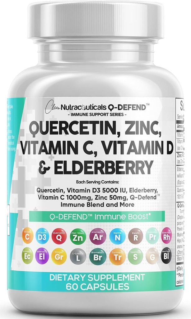 Q Defender Quercetina Suplemento con Zinc Vitamina C Vitamina D Elderberry Turmeric Negro Pepper Ajo Ajo Mar Moss Lysine Stinging Nettle Reishi Mushroom Apoyo 60 cápsulas por Clean Nutra