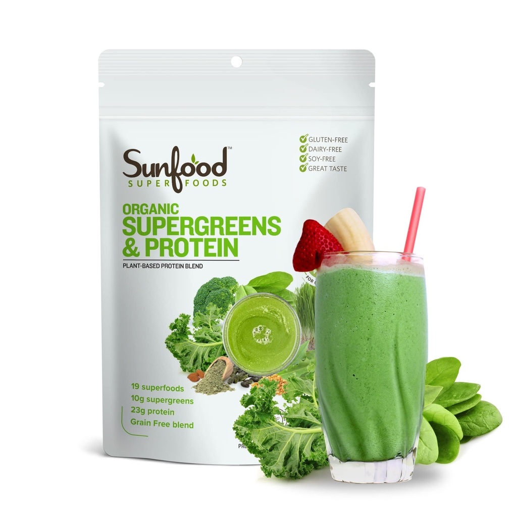 Sunfood Organic Supergreens " Protein - Greens Superfood Powder, Orgánica Proteína de Proteína, Proteína Vegan Basada en Plantas, Super Greens for Gut Health w/Chlorella " Spirulina, 23g Protein Por Serving - 8 oz