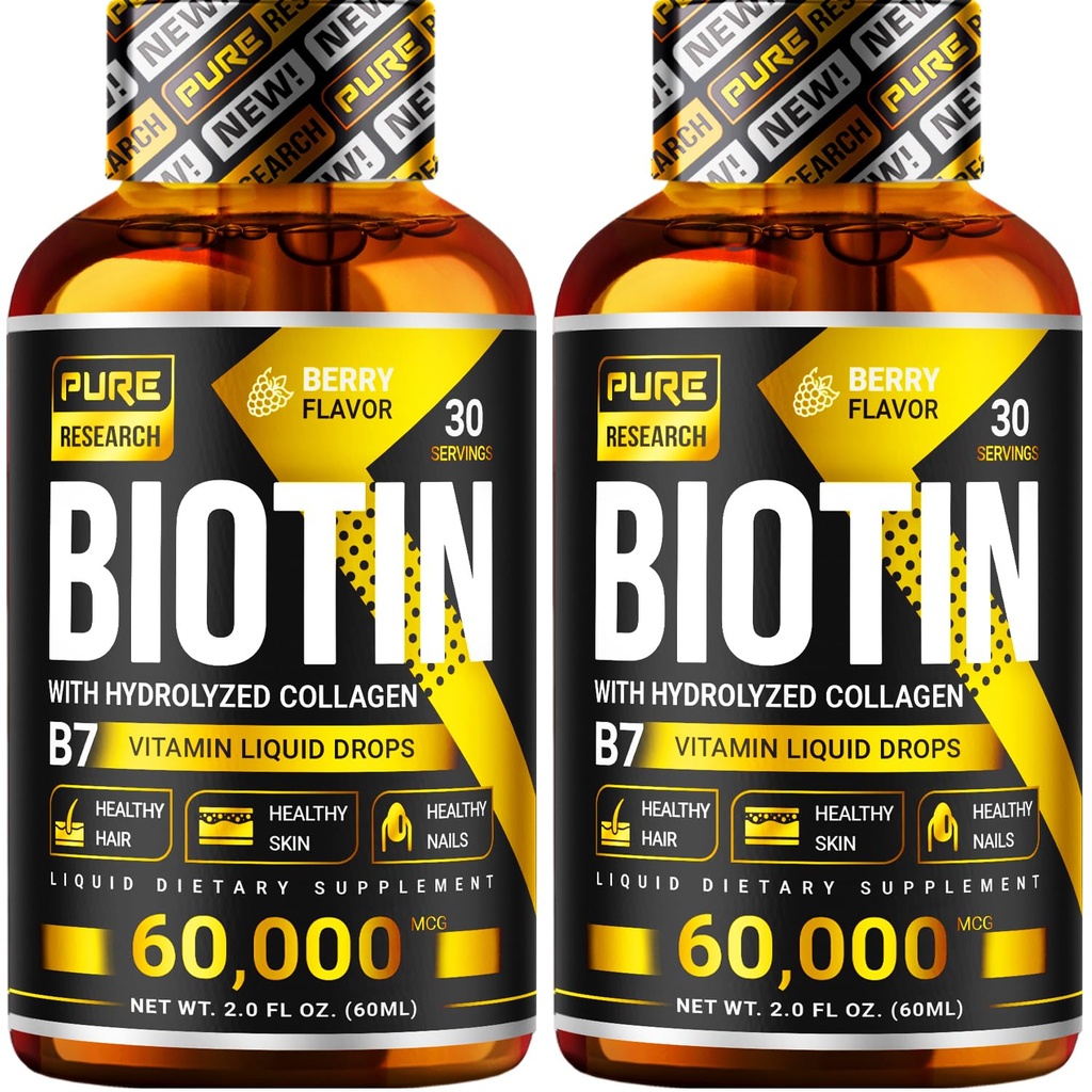 PURE RESEARCH Biotina &amp; Collagen 60,000mcg Crecimiento del cabello gotas líquidas, soporta: uñas fuertes, piel de alumbramiento, crecimiento saludable del cabello, más absorción que cápsulas " píldoras (4Fl Oz)