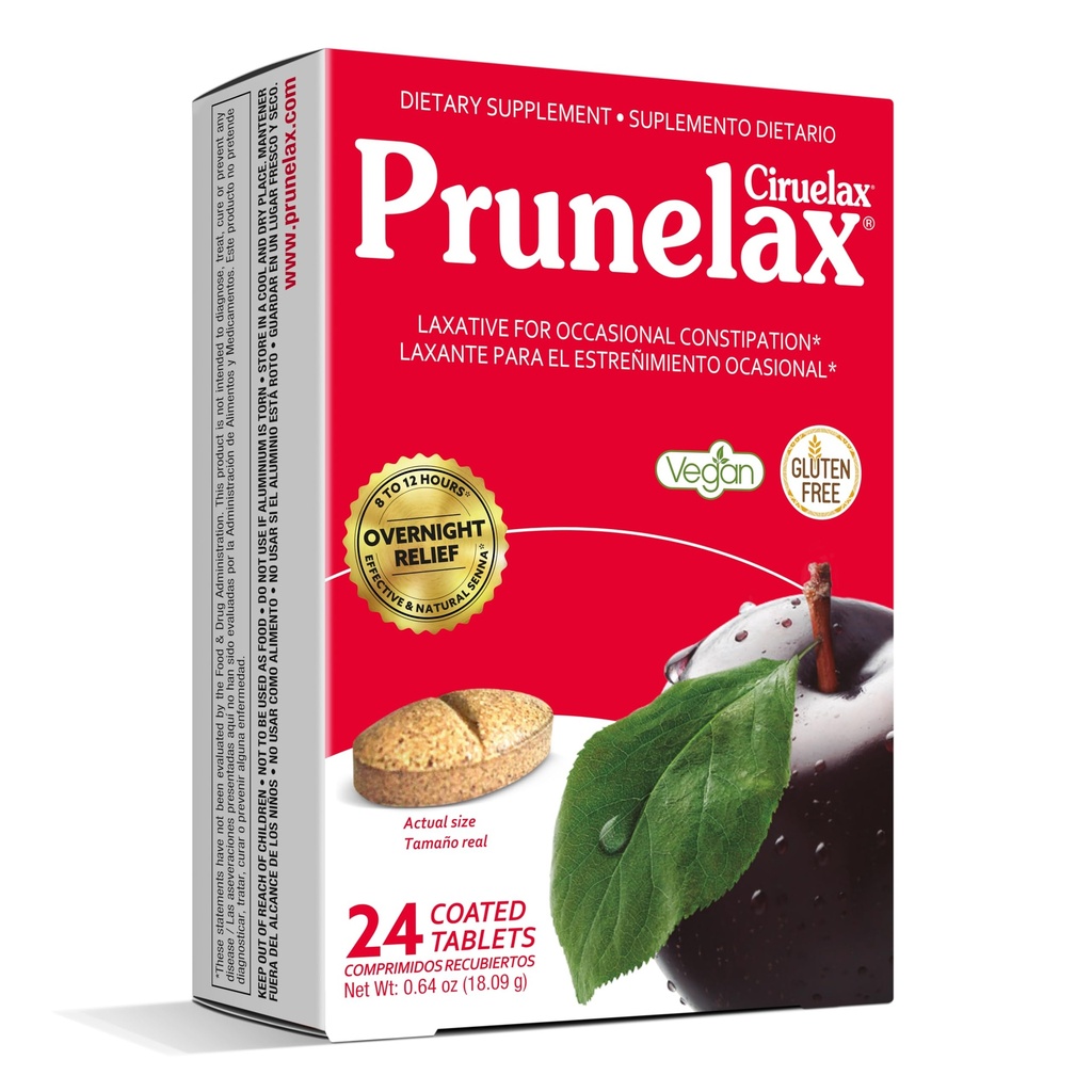 Prunelax Ciruelax Tablas laxantes de fuerza regular - Alivio de la noche para el estreñimiento ocasional, Senna Extract, Vegan &amp; Gluten-Free, Fast-Acting Gentle Relief - 24ct