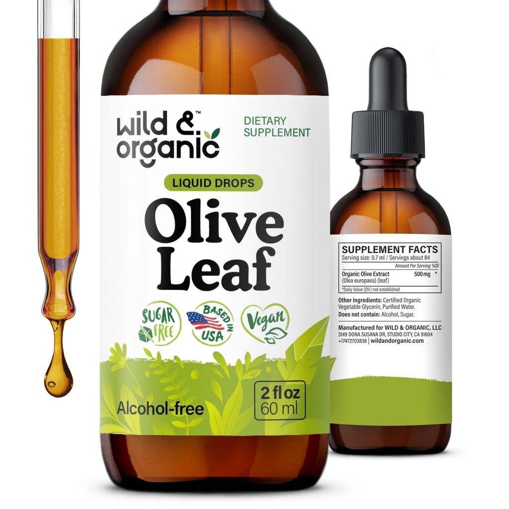 Wild &amp; Organic Olive Leaf Extract Liquid Drops - Antioxidant &amp; Immune Support - Oleuropein Olive Leaf Supplement - Vegan, Sugar &amp; Alcohol-Free Drops - 2 fl oz