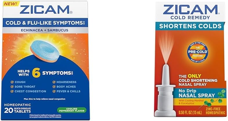 Zicam Cold &amp; Flu Symptoms 20 Tablets and No-Drip Nasal Spray Cold Remedy 0.5 Ounce