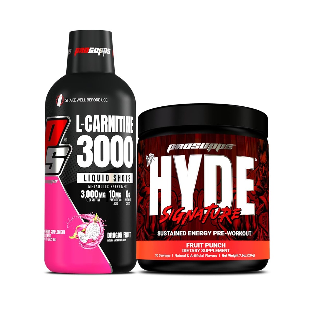 PROSUPPS L-Carnitine 3000 Stimulant Free Liquid Shots (Dragon Fruit) y Mr. Hyde Signature Series Pre-Workout Energy Powdered Drink (Fruit Punch) Bundle