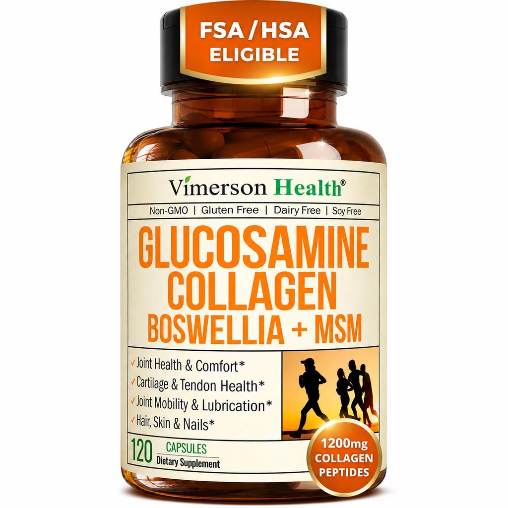 Glucosamine Chondroitin MSM with Hydrolyzed Collagen Peptides - Joint Support Supplement with Quercetin, Bromelain " Boswellia Extract - Collagen pills for Hair Skin Nails - FSA Eligible 120 Caps