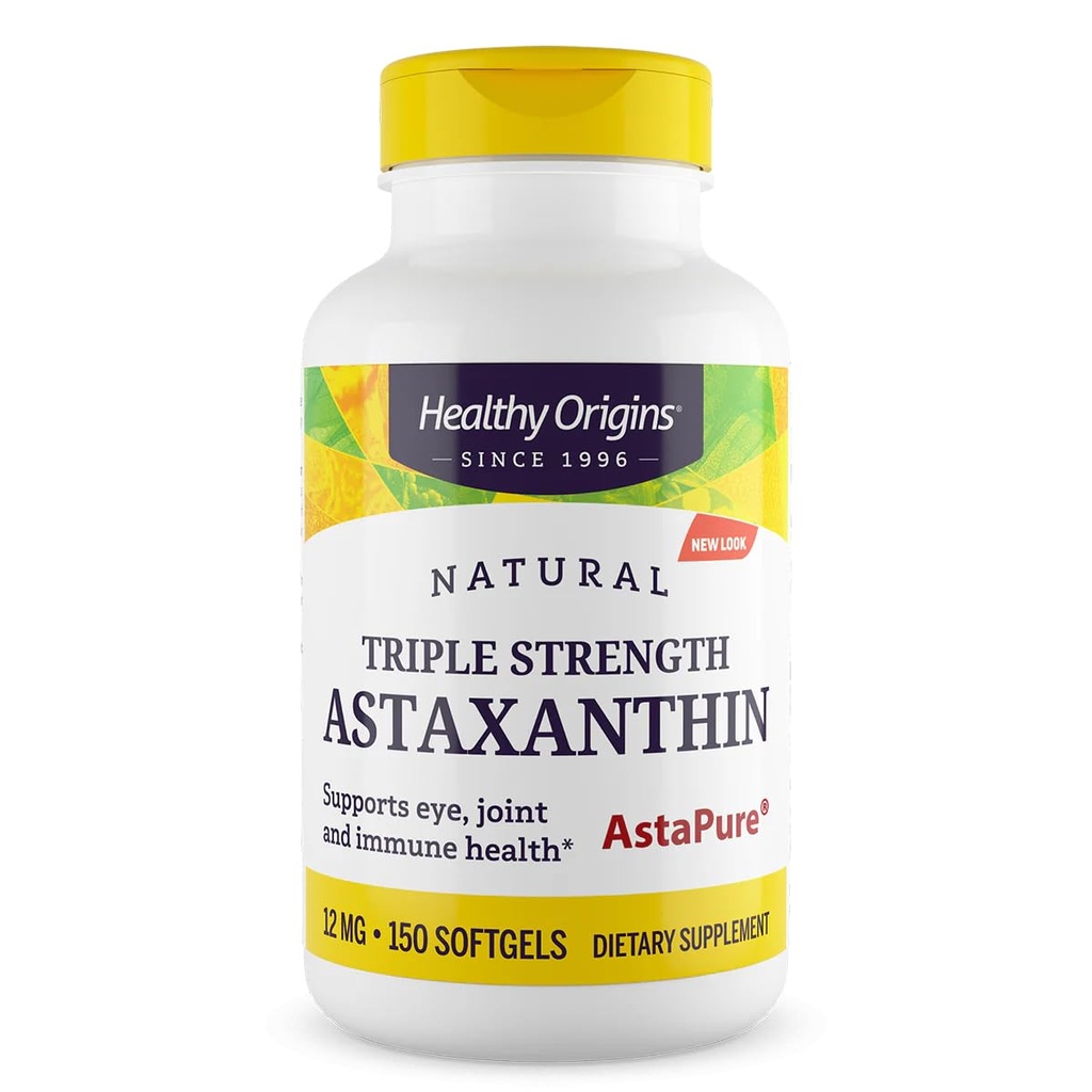 Orígenes saludables Astaxanthin 12 mg (Natural, Astapure, Triple fuerza, No GMO, Gluten Free, Eye Support, Joint Support, Immune Support), 150 Softgels