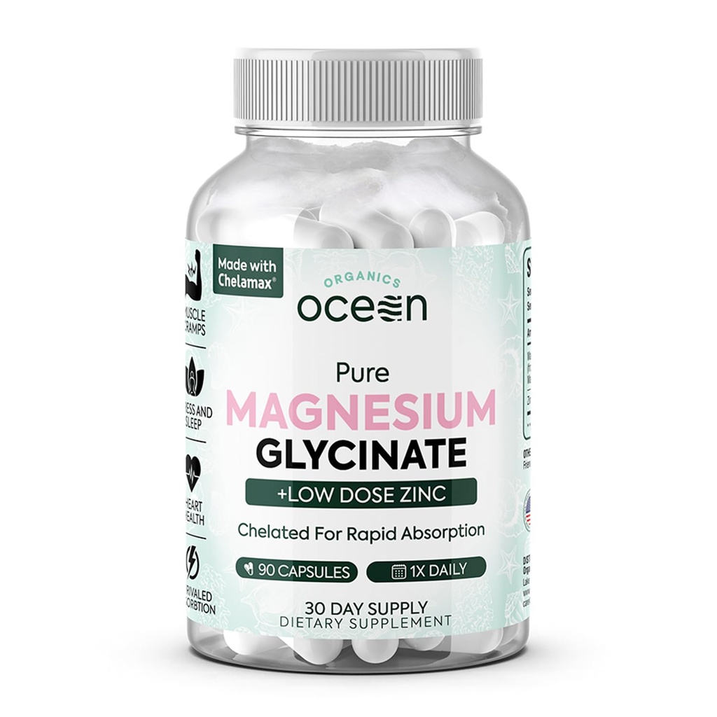 Orgánicas Magnesio Puro Glycinate con Zinc - Maximum Strength Suplemento de magnesio Chelated para Mujeres y Hombres para Calambres musculares y Apoyo al sueño - 90 cápsulas