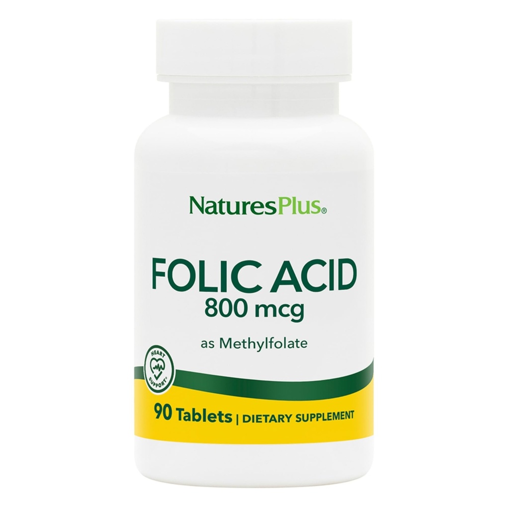 Natures Plus Folic Acid (Methylfolate) - 800 mcg, 90 Tablets Vegan - Apoya el crecimiento saludable del tejido - Vegetariano, Gluten-Free - 90 Servings
