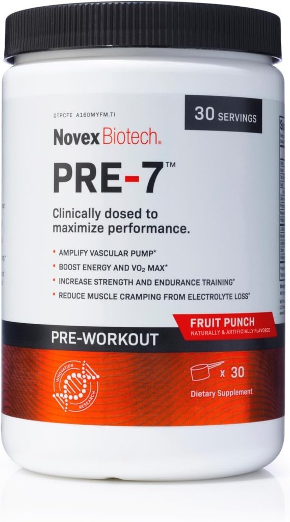 Novex Biotech PRE-7 Pre-Workout Powder para Hombres - Boost Energy, Focus y VO2 max, Support Hydration Durante el ejercicio prolongado*, Fruit Punch