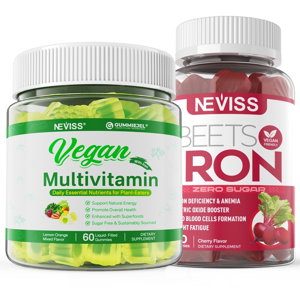 Gummies de hierro vegano con multivitamínico vegano para mujeres hombres con hierro, vitamina B12, A, D3, K2, Algae Omega 3, Magnesio, zinc