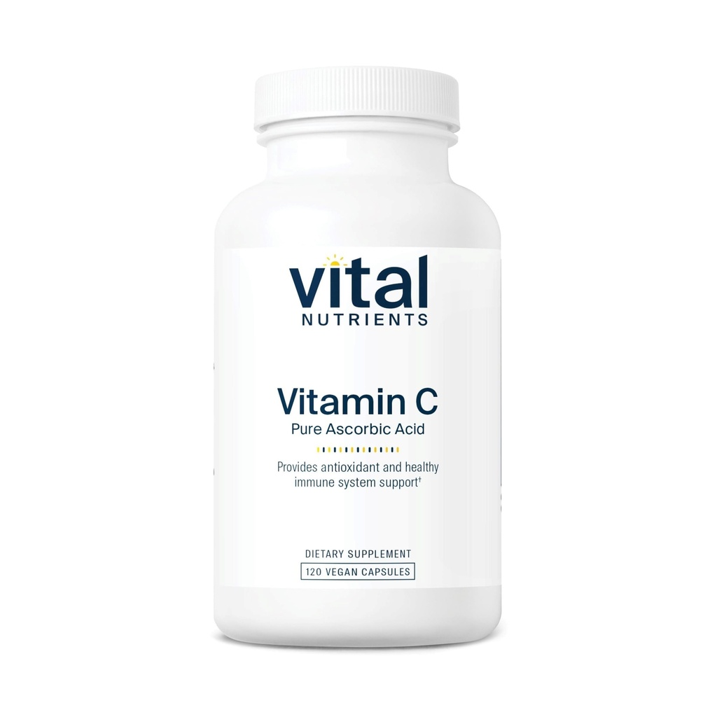 Nutrientes Vitales Vitamina C 1000mg (100% ácido ascórbico puro) Silencioso Suplemento Antioxidante Vegano para Apoyo Inmunitario y Absorción de Hierro* ← Gluten, Dairy y Soy Gratis Silencioso No-GMO Silencio 120 cápsulas