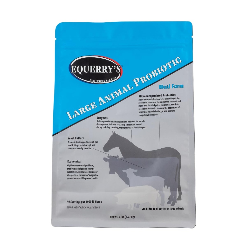Probiótico de animales grandes de Equerry - Suplementos para Gut Health y Nutrient Absorption ¦ Probióticos y enzimas digestivas para caballos, vacas, cabras, ovejas, cerdos, 40 Alimentación (5 libras) para 1000 libras Animal