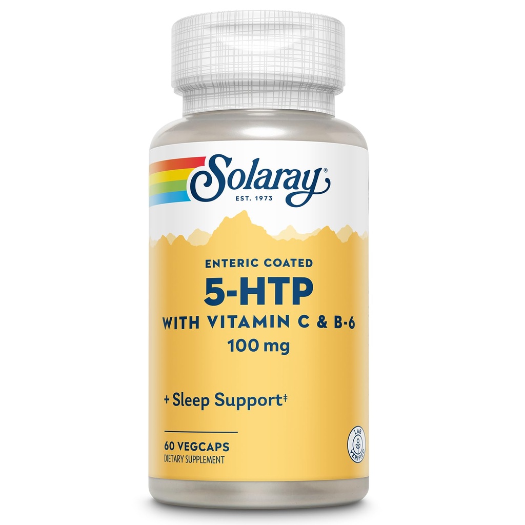 SOLARAY 5 HTP Suplemento con vitamina C &amp; B-6 - Suplemento de sueño y síntesis de serotonina Soporte - Lab Garantía de devolución de dinero verificada de 60 días - 60 Servimientos, 60 Enteric Coated VegCaps