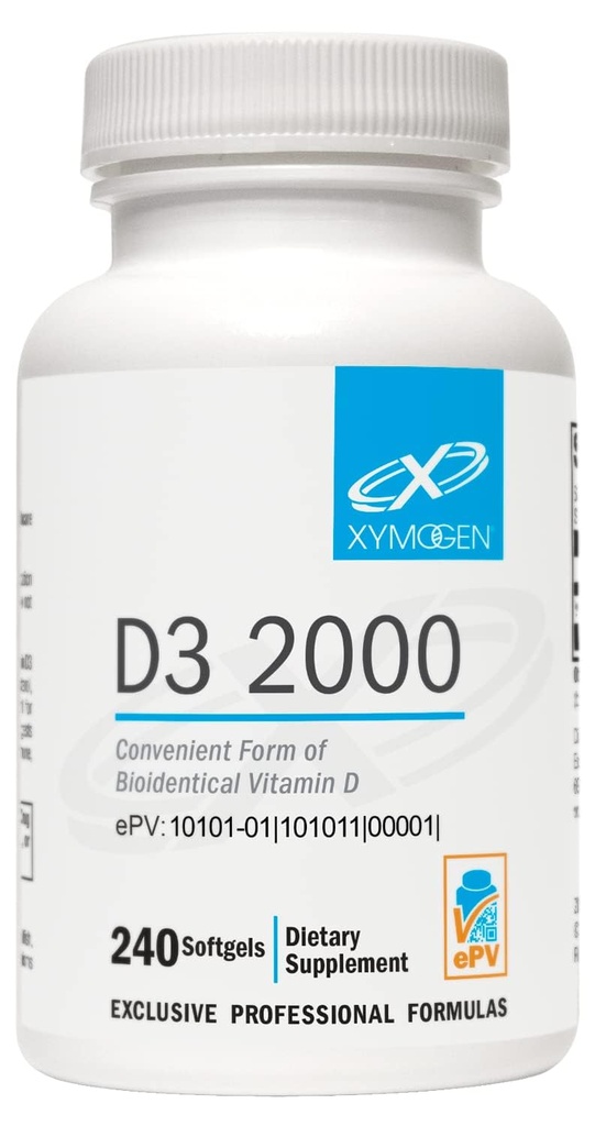 XYMOGEN D3 2000 - Vitamina Biodisponible D3 2000 UI (50 mcg) - Suplemento de vitamina D de alta potencia para apoyar la salud inmunitaria, bonificación + salud cardíaca (240 Softgels)