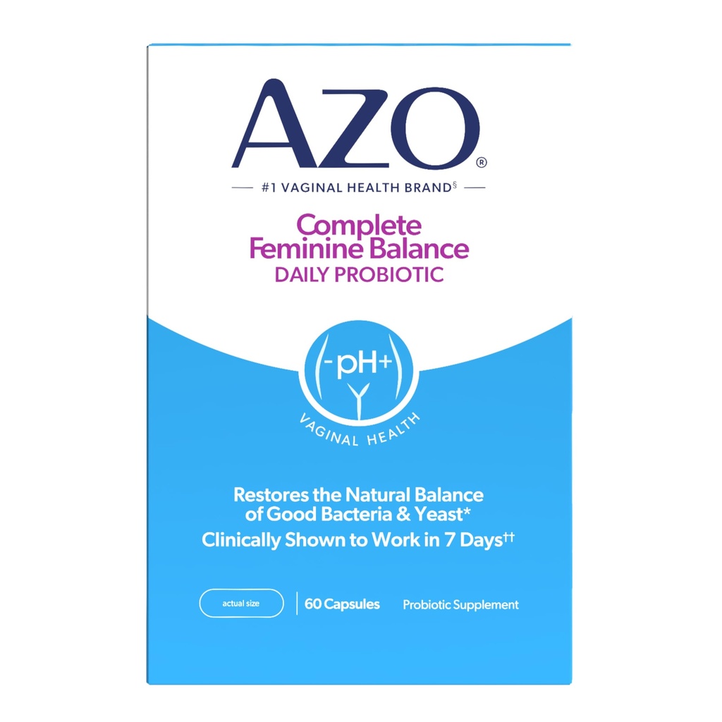 AZO Balance Femenino completo Probióticos diarios para las mujeres, prestados clínicamente para ayudar a proteger la salud vaginal, ayuda a equilibrar pH y levadura, no GMO, 60 cuenta