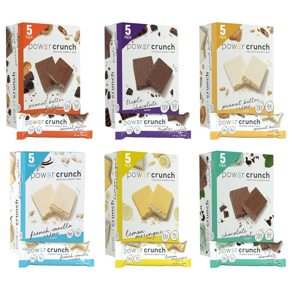 Power Crunch Protein Wafer Bares, Variety Pack, en 6 Flavors 1.4 Ounce Bars (30 Cuenta). Snacks de alta proteína con sabor delicioso