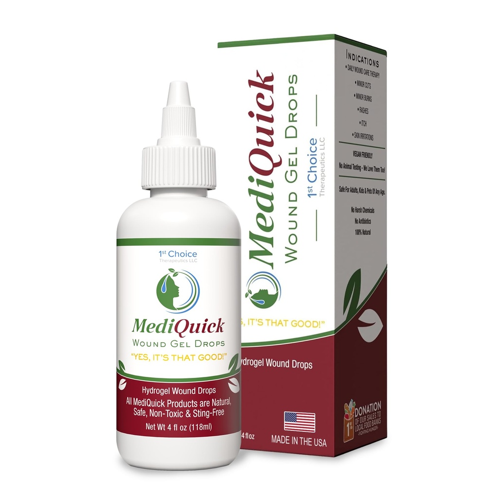 MediQuick Skin &amp; Wound Care Hydrogel Drops - Quick Healing First Aid Drops with 12 Hours Action to Heal Cuts, Burns, Inflammation, Rash, Itch, Eczema &amp; More - Safe Wound Wash with No-Sting - 4 Fl Oz
