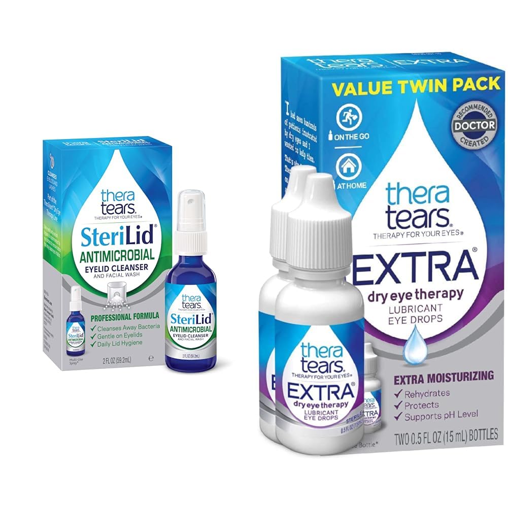 TheraTears Extra Dry Eye Therapy Lubricating Eye Drops for Dry Eyes, 0,5 fl oz Bottle, 2 Count " SteriLid Eyelid Cleanser and Face Wash, for irritated eyes, 2 fl oz Spray