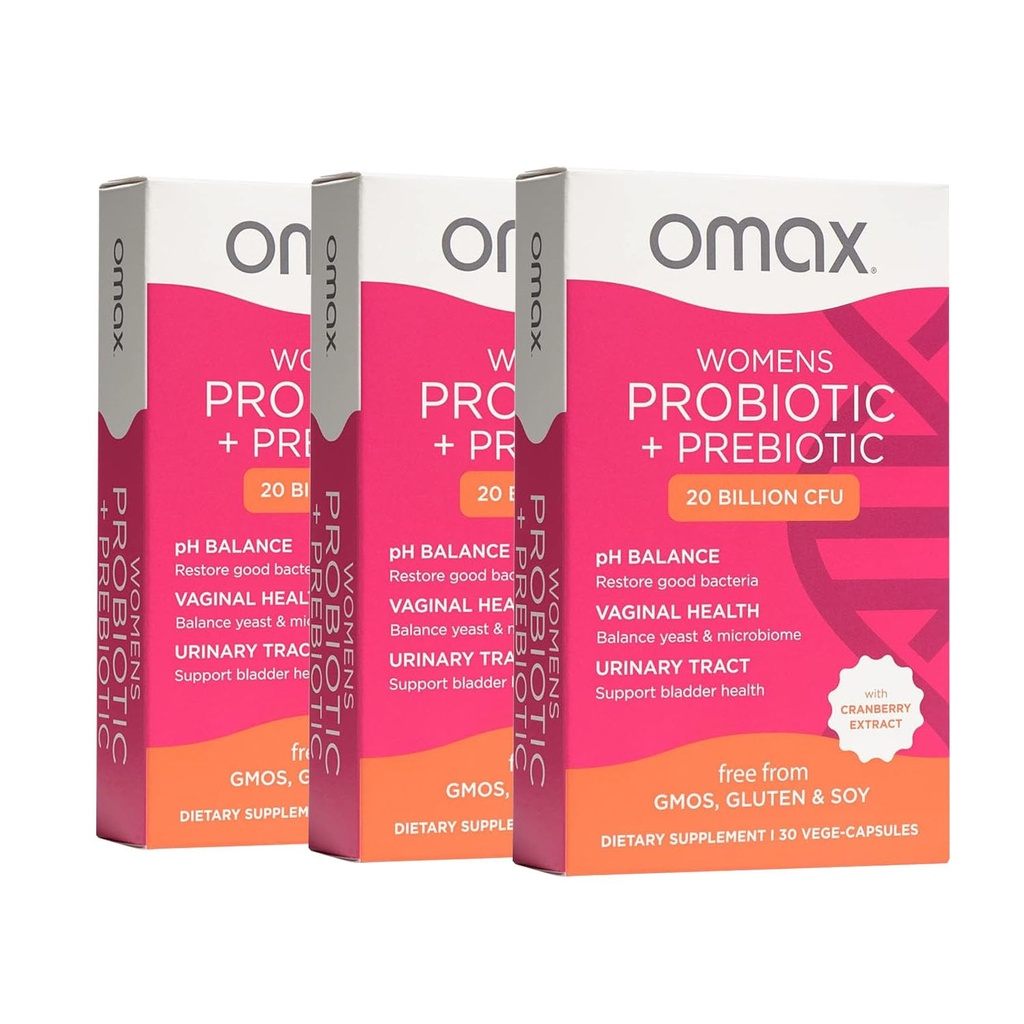 Omax3 Womens Probiótico + Prebiótico, Cranberry & Chicory Root, 20 Billion CFU, 6 Strains clínicamente Provenidos, Vaginal pH, UTI, Bloating, (Packaging May Vary)