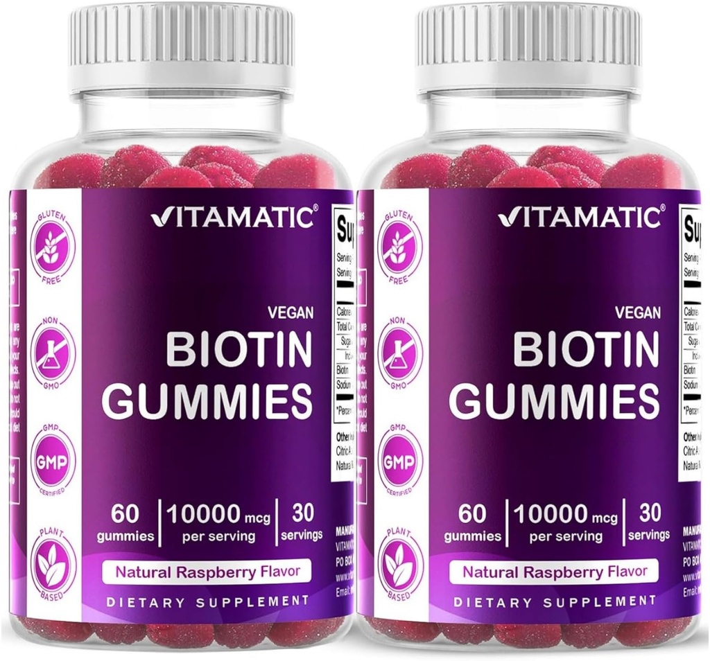 Vitamatic Biotin Gummies 10,000 mcg for Stronger Hair, Skin & Nails - 60 Gummies Vegan - También llamada Vitamina B7 (2 Botellas)