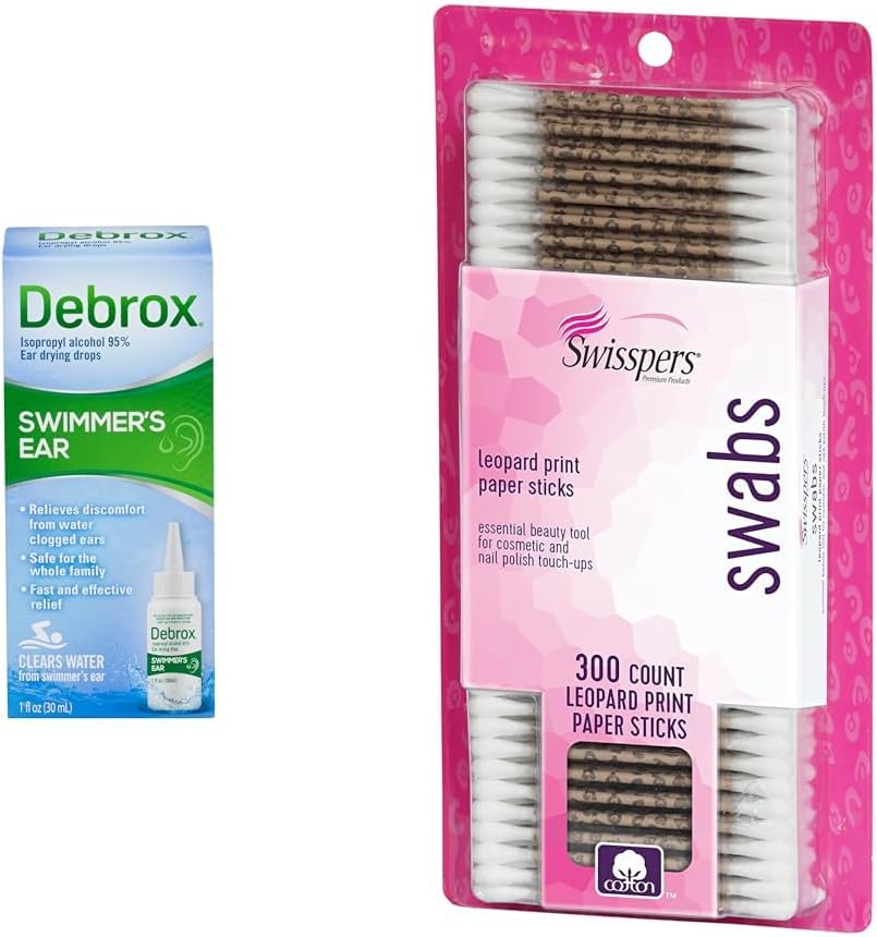 Debrox Swimmer's Ear Drops, 1 Fl Oz & Swisspers Premium Cotton Swabs, 300 Cuenta para Water Clogged Ear Relief