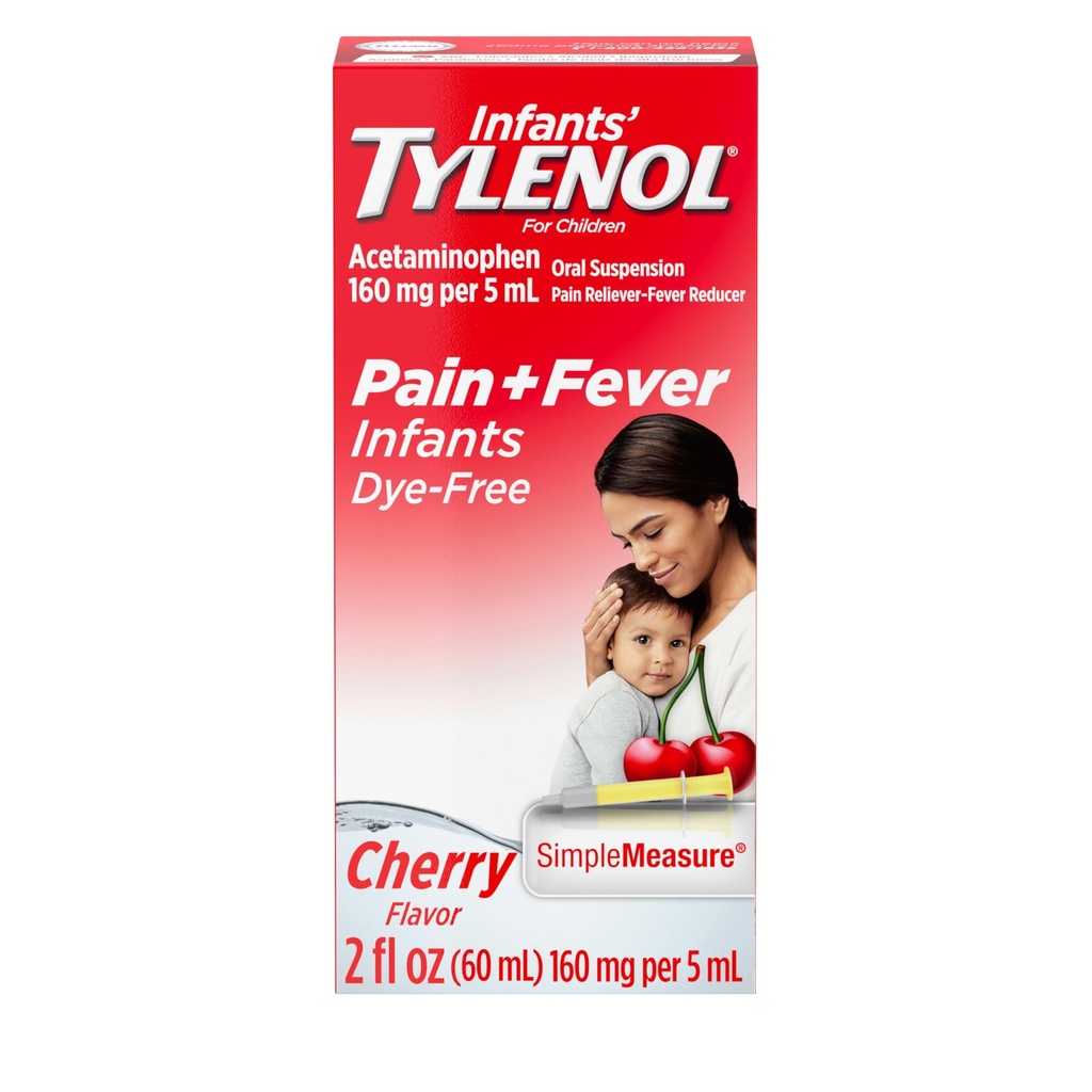 Tylenol Liquid Pain Relief and Fever Medicine, Oral Suspension, Dye-Free Acetaminophen for Sore Throat, Headache " Teething, Fever Reducer for Kids; Cherry Flavor, 2 fl. oz.; Pack of 1