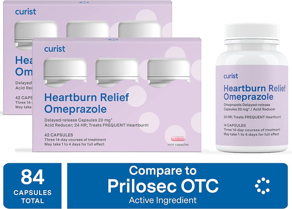 Curist Omeprazole 20mg Bulk 84 ct (2 Packs de 42 ct) Capsules Delayed-Release - Acid Reflux Medicine for Heartburn Relief - Omeprazole Magnesium 20.6mg 84 cápsulas