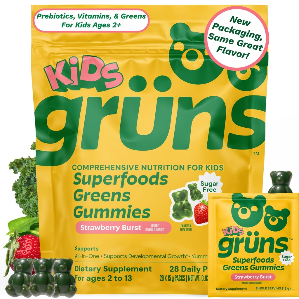 Gruns Multivitamin for Kids, Super Greens Gummies, Superfood Gummy Bears con 20+ Vitaminas & Minerales, Spirulina, Clorella, Prebióticos Fiber for Digestive Health, Adaptogens Supplement, 28 day Supply
