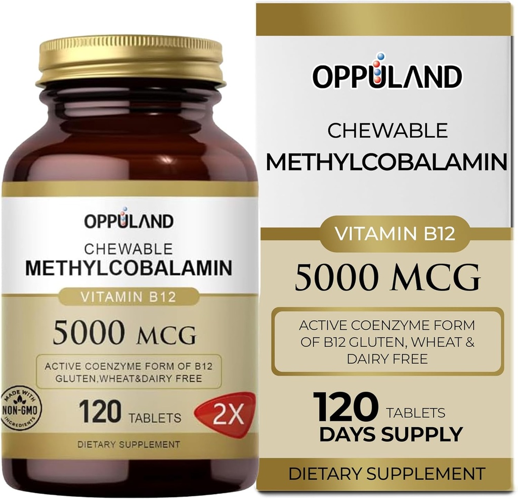 Metil B-12 5000mcg Chewable with Folate - Vitamina B12 Methylcobalamin Tablas sublinguales - Apoyo Energía & Función cerebral - Suplemento vegano - Orange Flavor - 120 Conde