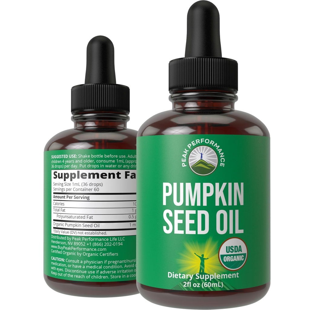Pumpkin Seed Oil. USDA Organic Vegan Liquid Drops Extracto para Mujeres y Hombres. Suplemento Para el Crecimiento del Pelo, Salud de la piel, UT, Apoyo a la próstata. Cero Azúcar, Gluten Libre. Tome Oralmente No Capsules