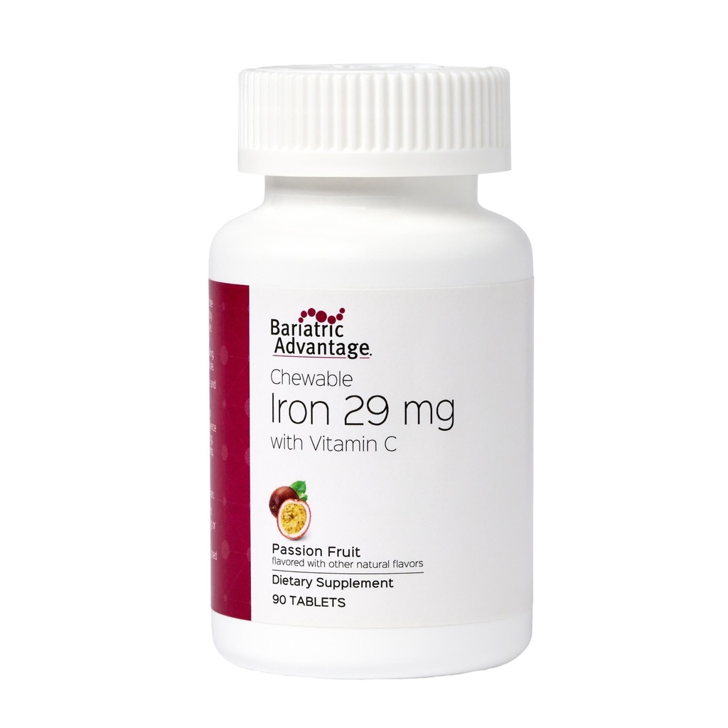 Bariatric Advantage Chewable Iron 29 mg - para pacientes de cirugía barátrica - Hierro con vitamina C - No sabor a hierro - Ferrous Fumarate & Carbonyl Iron Suplemento - Pasión Fruta - 90 Conde