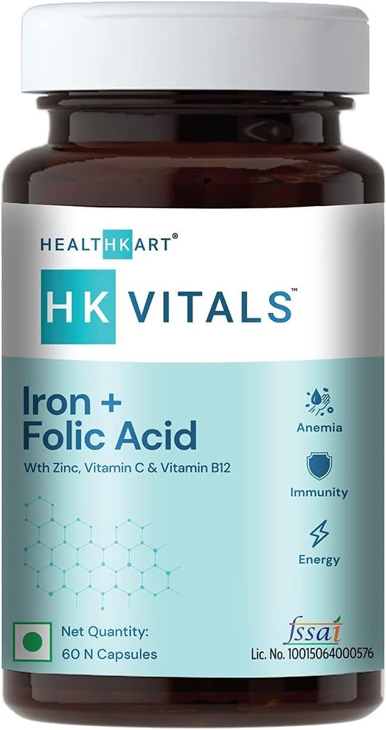 Suplemento de hierro + ácido fólico, con zinc, vitamina C &amp; vitamina B12, apoya la construcción de sangre, inmunidad y energía, 60 tabletas de ácido fólico de hierro