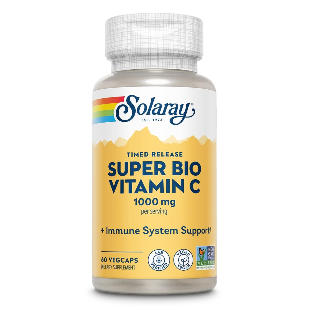 SOLARAY Super Bio Vitamina Buffered C 1000mg, Dos etapas, Timed Release Vitamin C with Bioflavonoids, Immune Support Supplement - High Absorption, Vegan, 60 Day Guarantee, 30 Servings, 60 VegCaps
