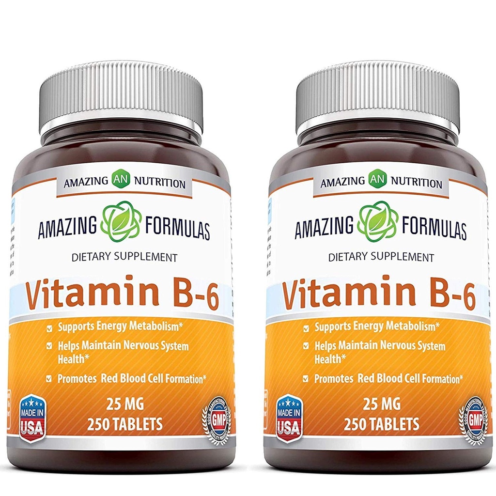 Fórmulas asombrosas Vitamina B6 Piridoxina 25mg 250 Tablets Suplemento No-GMO Silencio Gluten Gratis Silencio Made in USA (2 Pack)