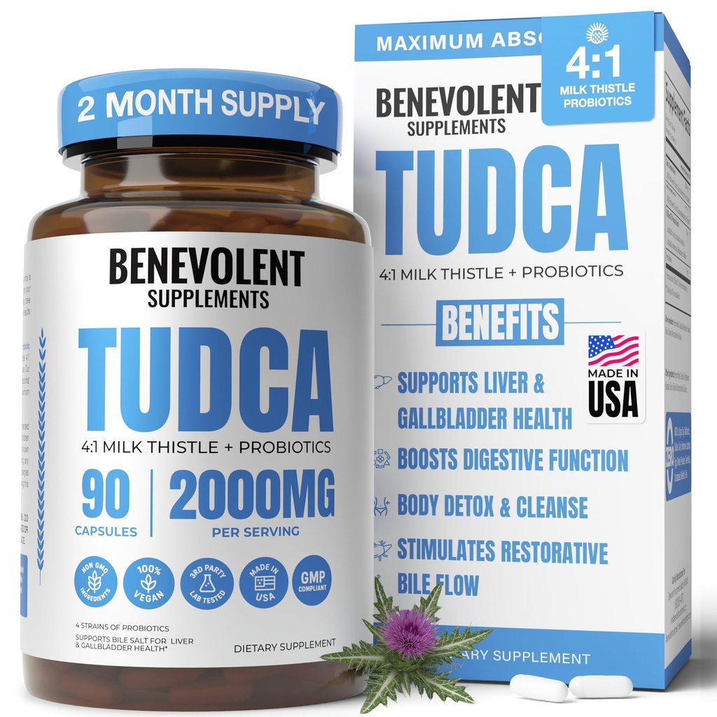 2000mg Advanced TUDCA Supplement - Max Absorption TUDCA Bile Salts with 4:1 Milk Thistle and Probiotics - Supports Liver Detox &amp; Cleanse, Gallbladder, Gut & Kidney Health - 90 Vegan Capsules