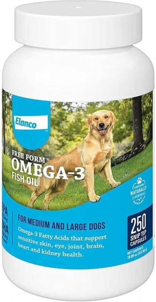 Consejos de forma gratuita Omega-3 Petróleo de pescado Suplemento líquido para perros medianos &amp; grandes, 250 conteo