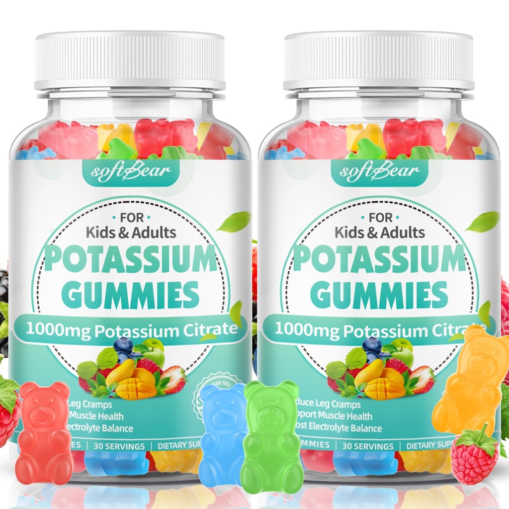 softbear Potasio Citrate Gummies, Potasio de Potencia Alta Citrate 1000mg Soportes Leg Cramps &amp; Muscle Health Potassium Gummies for Adults &amp; Kids Mixed Fruit Flavor 120 Conteo