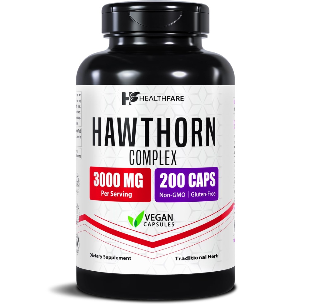 Healthfare Hawthorn Berry Supplement Extract 3000mg ← Extra Strength Herbal Fórmula Silencio 200 Vegan Capsules ← Apoya Heart " Circulatory Health ← Non-GMO, Gluten-Free TEN Made in USA