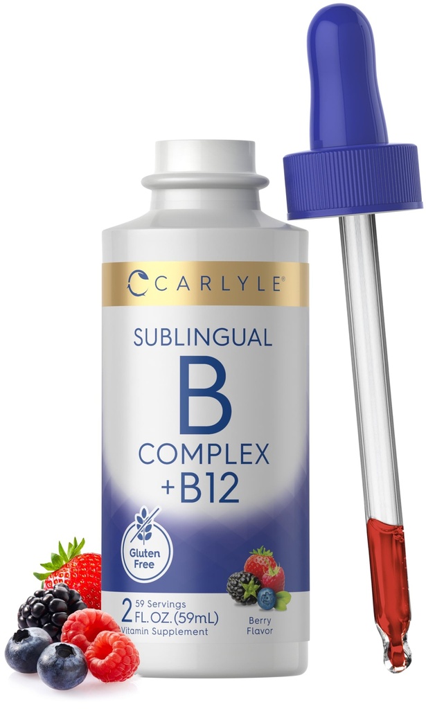 Complejo de vitamina B sublingual de Carlyle con B12 Silencio 2 Fl Oz  Berry Flavor Silencio Vegetarian, Non-GMO, y Gluten Free Supplement
