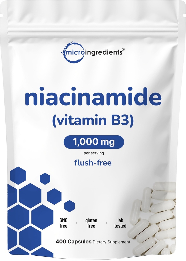Vitamina B3 Niacinamide 500mg Por Capsule, 400 cápsulas TENIDO 1000mg Flush Free Niacin Por Serving, Essential B Vitamin Supplement ANTE Skin Care Health & Energy Support ← Non-GMO, Gluten Free